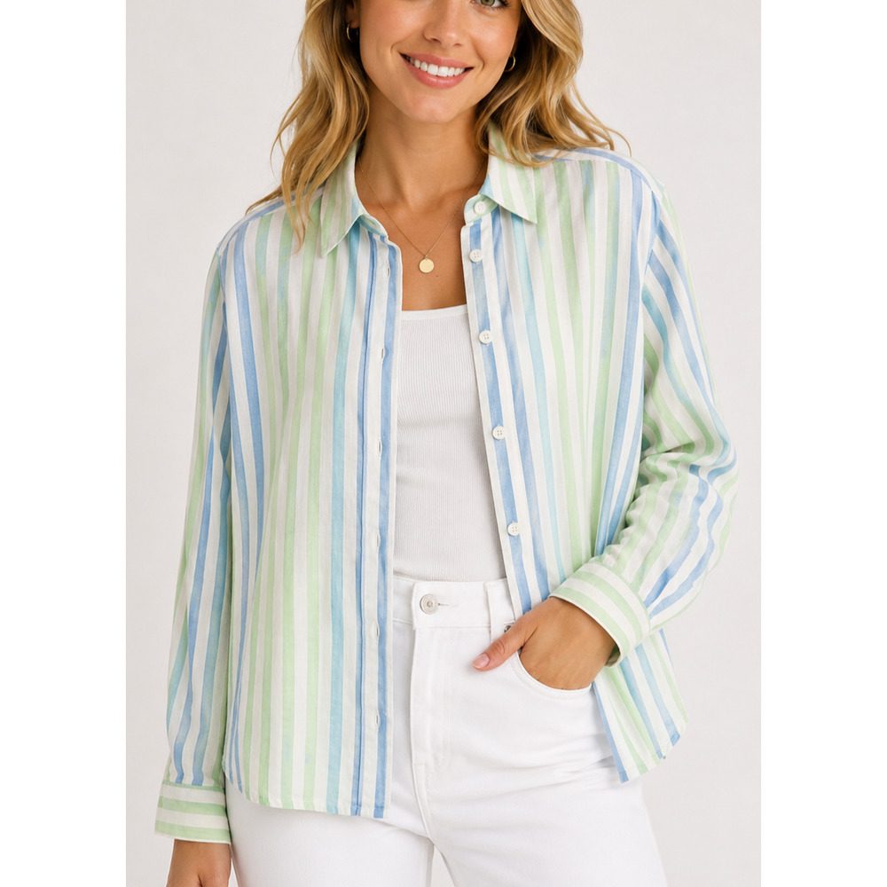 Talbots Linen Shirt Womens M Blue Green Stripe Button Front Collared Resortwear